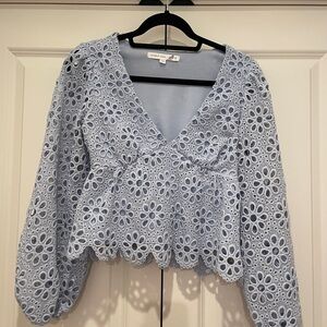 Altar'd State Powder Blue Floral Eyelet V-Neck Peplum Top